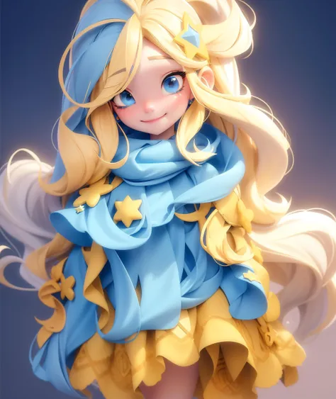 1girl,long hair,blue eyes,earrings,jewelry,solo,skirt,looking at viewer,yellow hair,smile,very long hair,star hair ornament,jacket,lips,simple background <lora:disney:1>,Half-body,