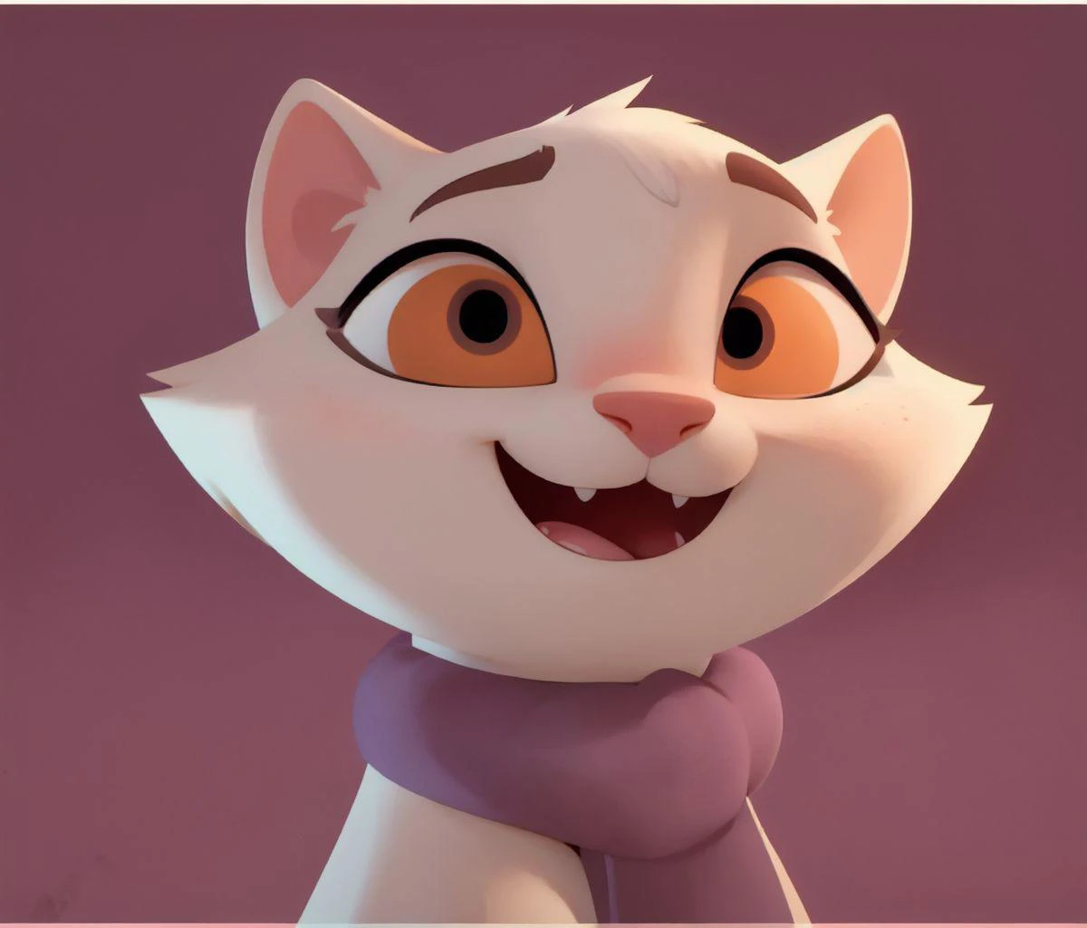 samantha the cat, female, cat, beige white fur, feral, cartoon, yellow eyes, portrait, close up, <lora:Samantha_the_Cat:0.7>, happy, open mouth, excited, wide eyes, 3d, pink background, blue best, red ribbon:1.2,  <lora:disney:1>,