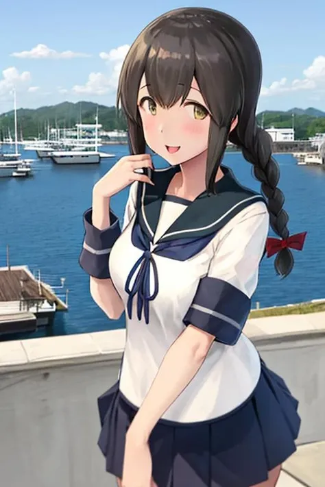 IsonamiKC, IsonamiUniform, 1girl, solo <lora:IsonamiKCLora-03:1>, white serafuku, school uniform, short sleeves, skirt, blue skirt, twin braids, blue sailor collar, looking at viewer, port, harbour