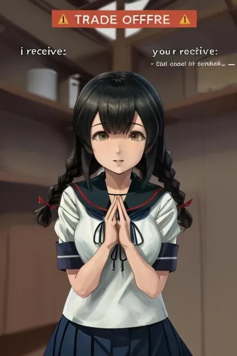 IsonamiKC, IsonamiUniform, 1girl, solo <lora:IsonamiKCLora-03:1>, white serafuku, school uniform, short sleeves, skirt, blue skirt, twin braids, blue sailor collar, looking at viewer, <lora:TradeOfferMeme:1> TradeOfferMeme, own hands together,