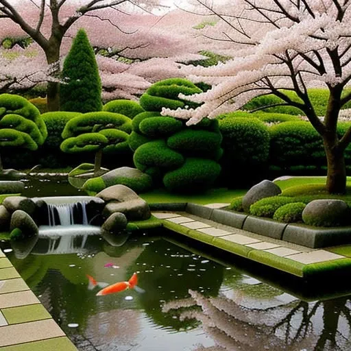 A serene Japanese garden with cherry blossoms in full bloom and a koi pond.