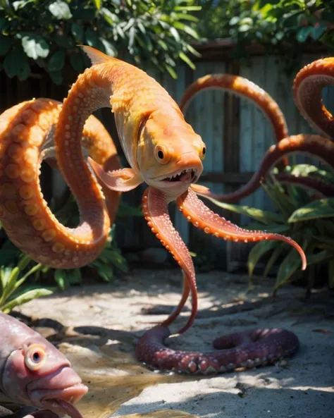 tentacle fish, sharp teeth <lora:addDetail.JO09:0.8>, backyard sunshine