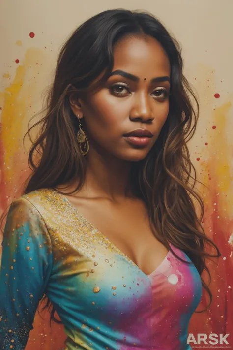 Create a fullbody shot, colored digital line art portrait of an african exotic beauty in the style of artists like Russ Mills, Sakimichan, Wlop, Loish, Artgerm, Darek Zabrocki, and Jean-Baptiste Monge. Include colorful splatter drippings, paper texture, and perfect shading, with dramatic lighting. The artwork should be centered, stylized, and elaborate, with a beautiful african print trendy clothes, gorgeous eyes, and a dynamic pose. TanvirTamim. rendered in 8K resolution for high-quality detail