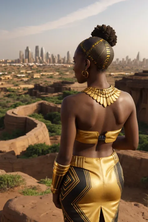 portrait| epic and intimate| golden hour lighting| wide shot, emphasizing the landscape and the woman| Fouta Djallon landscape with a futuristic city inspired by Wakanda and Black Panther| warm golden tones with hints of vibrant colors| Cinematic style influenced by Interstellar and Black Panther| a stunning Afrofuturistic Bissau-Guinean woman in full battle dress Vibranium armor, adorned with black and gold kente cloth design, standing confidently on a hill overlooking the city| fit and attractive features, ponytail hairstyle, hands behind her back, gazing out over the city inspired by Wakanda <lora:Elixir:0.5>