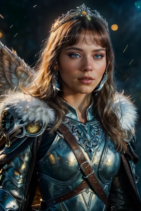 (masterpiece, best quality, detailed:1.3), 8k, uhd, digital painting, (cowboy shot, hero view:1.2), beautiful female angel descending from the heavens into hell, long wavy gold hair with silver highlights, bangs, piercing blue eyes, large silver white angel wings, silver tiara, intricate silver chainmail armor, (white fur cloak), holding a sword and shield, long full white skirt, (natural skin texture, detailed facial pores), (fantasy, surreal, dreamy:1.3), ultra quality, absurdres, (dark, dim lighting, night: 1.3), (dynamic angle, bokeh, shallow depth of field:1.3) volcano background, fire, smoke, <lora:Elixir:1> <lora:epiNoiseoffset_v2:1>