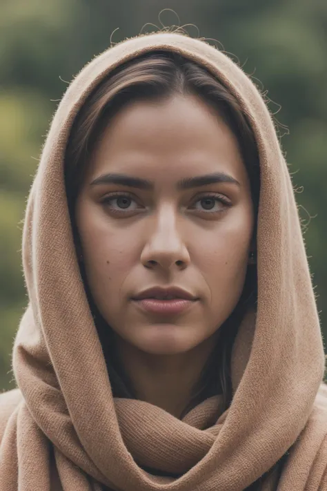 a photorealistic portrait of a stunningly beautiful woman without make-up, extremely detailed light hazel eyes, detailed symmetric realistic face, natural skin texture, extremely detailed skin with skin pores, peach fuzz, messy hair, wearing shawl over her head, masterpiece, absurdres, award winning photo by lee jeffries, nikon d850 film stock photograph, kodak portra 400 camera f1.6 lens, extremely detailed, amazing, fine detail, rich colors, hyper realistic lifelike texture, dramatic lighting, unrealengine, trending on artstation, cinestill 800 tungsten, looking at the viewer, photo realistic, RAW photo, TanvirTamim, high quality, highres, sharp focus, extremely detailed, cinematic lighting, 8k uhd
