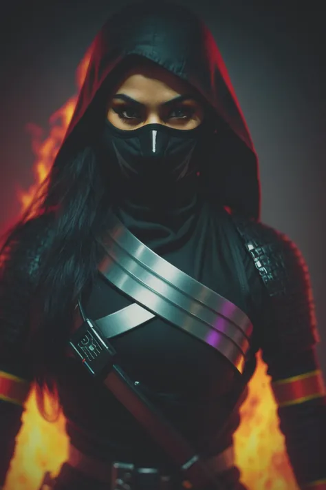 A detailed pic of warrior ninja woman d@r5hu, beautiful eyes, black suit, covered face, face cover, head cover, movie character, fire splash, shadow fighter ninja, dark, black background, black smoke filled, irealistic, dark shade colors, realistic face, cosplay, bokeh, DSLR, soft lighting, bird's-eye view, isometric style, retro aesthetic, focused on the character, 4K resolution, photorealistic rendering, using Cinema 4D <lora:d@r5hu-10:0.8>