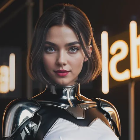 award winning color photo, 32K, (high resolution:1.23), (photo realistic:1.3), (ray tracing:1.23, refraction:1.1), (soft saturation:1.1), (fair skin:0.9), detailed background, detailed skin, detailed nose, (midnight:1.2, neon:1.3), cyberpunk, city bright lights, chromatic aberration, (iridescent:0.8), bright colors, contrast, a beautiful woman, slender waist, smile, excited, cyber suit armor, (cyber bodysuit:1.1), (robotic suit:1.2), (leather armor), (shiny silver metal chest armor:1.1), shoulder pad armor, centered, lipstick, (slim face:1.1), (symmetrical eyes:1.3), <lora:flat2:-0.23>, <lora:Elixir:1>