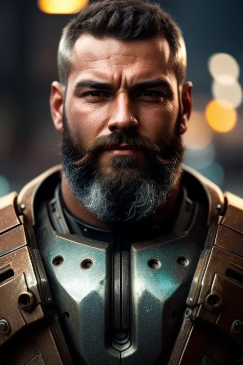 Portrait photo of muscular bearded guy in a worn mech suit, ((light bokeh)), intricate, (steel metal [rust]), elegant, sharp focus, photo by greg rutkowski, soft lighting, vibrant colors, masterpiece, ((streets)), detailed face