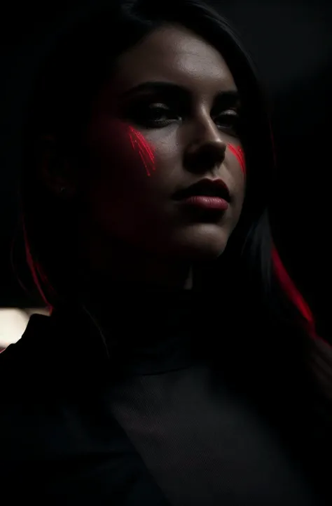 a photo of a woman, portrait, red and black color scheme, stunning sci-fi, warpaint aesthetic, character profile, unnatural red lighting, (dark theme:0.8), hdr, intricate, highly detailed, fine details, key light, backlight, sharp focus, soothing tones, low contrast, exposure blend, movie scene, film grain, bokeh