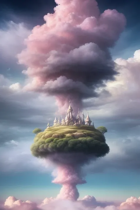 a surreal view of clouds, by Tom Froud, surreal art contest winner, dreamlike, pink clouds, rainbow skies, fluffy, whimsical, abstract clouds, fantasy, dreamworld, surreal landscapes, cloud castles, floating gardens, impossible structures, secret gardens, a journey through a dream, enchanted skies, mysterious beauty, mythical creatures