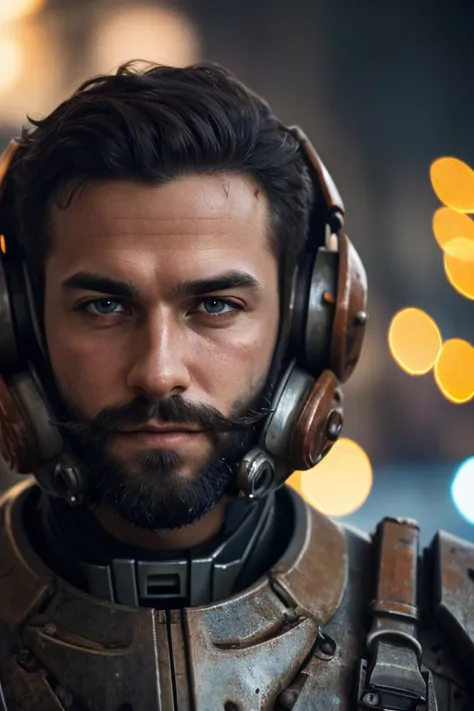 Portrait photo of muscular bearded guy in a worn mech suit, ((light bokeh)), intricate, (steel metal [rust]), elegant, sharp focus, photo by greg rutkowski, soft lighting, vibrant colors, masterpiece, ((streets)), detailed face