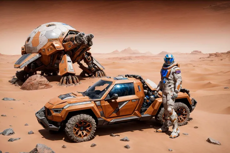 cinematic shot of 1 man, space suit, crystals mountains, desert, mars, muted color
robot trucks
(photorealistic, realistic)
(intricate, futuristic, surreal)
(high quality, masterpiece)
<lora:add_detail:1>