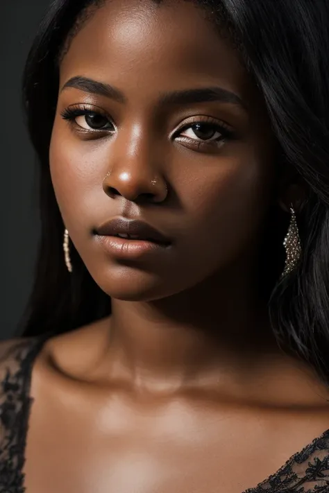 (8k, RAW photo, highest quality), beautiful ebony girl, close up, dress, (detailed eyes:0.8), (looking at the camera:1.4), (highest quality), (best shadow), , intricate details, interior, dark studio, muted colors,