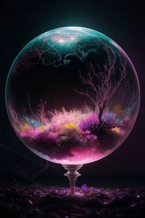 Detailed complex chaotic seascape black and pink light inside a cristal ball on dusty soil, UV-reactive, black light art concept by Waterhouse, Carne Griffiths, Minjae Lee, Ana Paula Hoppe, Stylized florescent art, Intricate, Complex contrast, HDR,<lora:sdxl_glass:1>, <lora:Colorful_Marbled_Paper_SDXL:0.9>,OverallDetail,earth,stormy landscape on a dark room,<lora:WildcardX-XL-Detail-Enhancer:1.5>