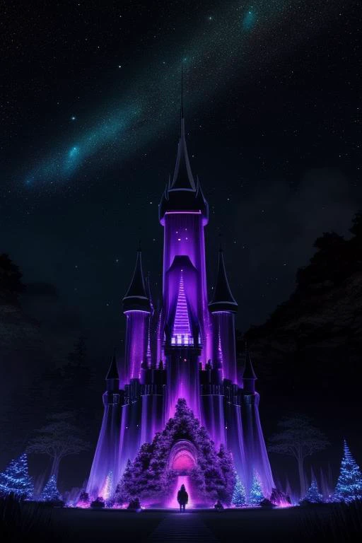 (((black castle))) in a Colorful Bioleminescence plants in forest, crystals, and, glowing path, fireflies, Pandora planet at night, blue and pink glow, epic landscape in background, hazy planet in the sky, galaxy and stars in the sky, rim light, volumetric light, colorful, contrast, breathtaking, scattered mist, night, ultra, high defintation computer render, unreal engine