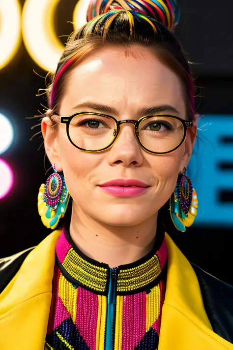 coat for a rave,big glasses, hairstyle, big earrings, multicolored, bright colors, many details, prints, photo for a magazine, photo for a store, fashion photography, Vogue, 135 mm, cinematic, hyper realism, high detail, octane render, 8k, chrome accents, very coherent symmetrical artwork, perfect face (Emma Stone:1.2)