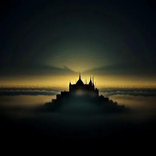 ethereal fog, tattered silhouettes, 8k resolution, worn textures, subtle ambient occlusion, muted color palette, the image captures a forgotten metropolis at twilight, where crumbling crystal spires and weathered architecture seem to sink into the misty veil of time. a lone, winged silhouette with feathers shrouded in shadow and runes overgrown with vines floats above the city, surrounded by a faint, flickering glow that barely pierces the darkness