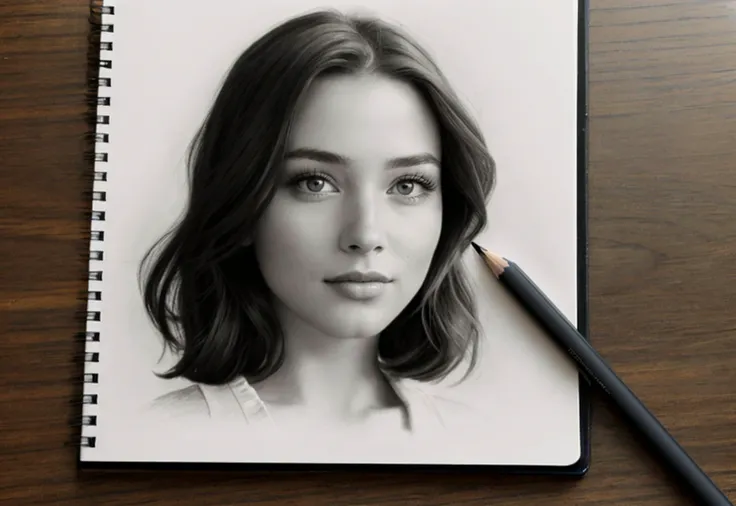 a photo of a notebook on a kitchen table, a realistic pencil drawing of a woman's face