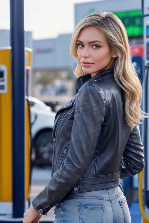 a photo of a beautiful S057_HannahPalmer, at a (gas station:1.2), in a (desert), wearing a (leather-jacket:1.1) and jeans, (8k, RAW photo, best quality, ultra high res, depth of field:1.1), (absurdres, intricate, photorealistic, masterpiece, ultra-detailed, Unreal Engine:1.3)