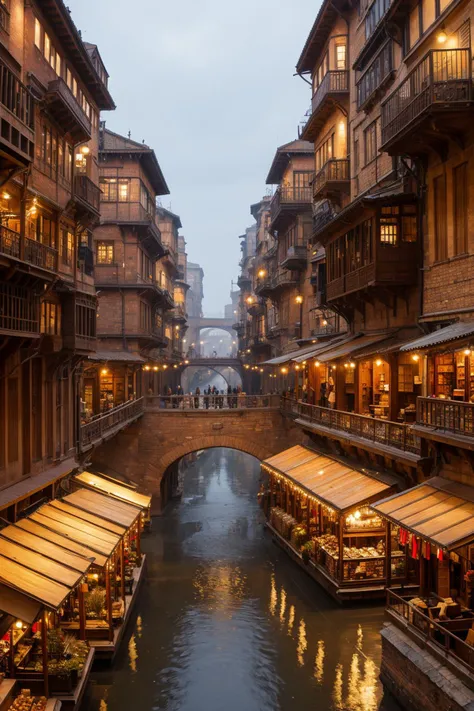 ((masterpiece)),((best quality)),((high detial)),((realistic,)) Industrial age city, deep canyons in the middle, architectural streets, bazaars, Bridges, rainy days, steampunk, European architecture