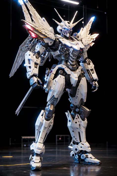 BJ_Gundam,solo,wings,standing,no_humans,glowing,robot,mecha,clenched_hands,science_fiction,looking_ahead,
cinematic lighting,strong contrast,high level of detail,Best quality,masterpiece,White background, <lora:Gundam_Mecha_v4(4440):0.8>