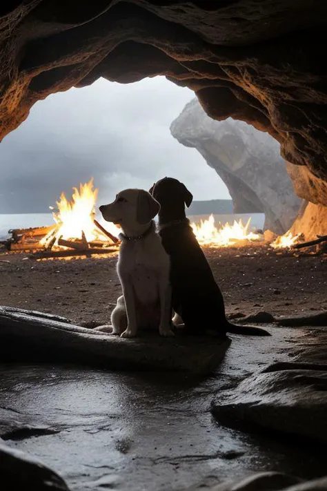 A closeup of two puppies sitting by a campfire in a cave with a raging storm visible outside the cave entrance, wet, soaked