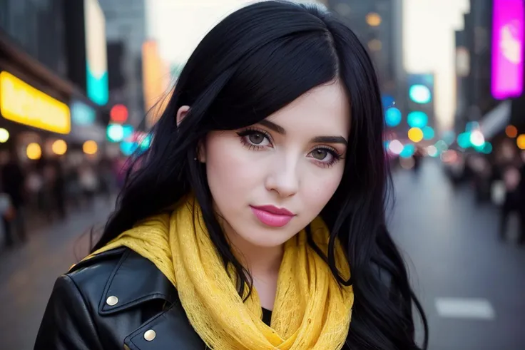 photo of a woman with black hair wearing a yellow scarf, behance hd, young beautiful amouranth, seraphine ahri kda, pale skin, beautiful sexy woman, portrait of kim petras, is at dawn and bluish, cyberpunk 2048,, (8k UHD:1.2), full resolution, detailed skin, high quality photography, RAW photo