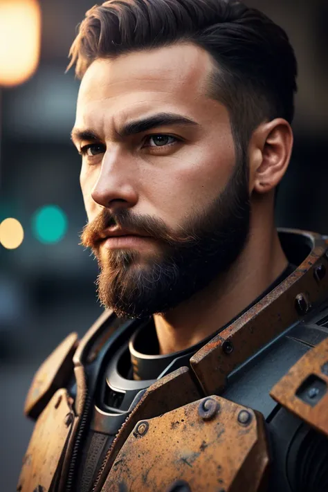 Portrait photo of muscular bearded guy in a worn mech suit, ((light bokeh)), intricate, (steel metal [rust]), elegant, sharp focus, photo by greg rutkowski, soft lighting, vibrant colors, masterpiece, ((streets)), detailed face