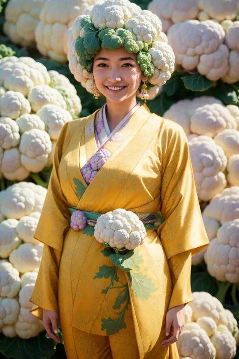 A detailed bright 32k full body photograph of a (smiling japanease dressed as a cauliflower standing on fantasy flower garden:1.3), painted with curly green fluid particles, harmonic color palette, James Jean, insane details, very detailed, epic, dramatic, James Jean, photorealistic, photography, hyperornate details, bokeh, particuls, ultra detail, unreal, (high detailed skin:1.2), 8k uhd, dslr, soft lighting, high quality, film grain, Fujifilm XT3, best quality masterpiece, photorealistic, detailed, 16k, HDR, broad light, high contrast, backlighting, bloom, chromatic aberration, sharp focus, RAW color