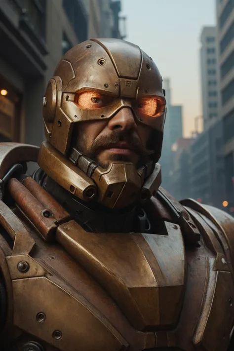Portrait photo of muscular bearded guy in a worn mech suit, ((light bokeh)), intricate, (steel metal [rust]), elegant, sharp focus, photo by greg rutkowski, soft lighting, vibrant colors, (masterpiece), ((streets)), (detailed face)+, eye iris
