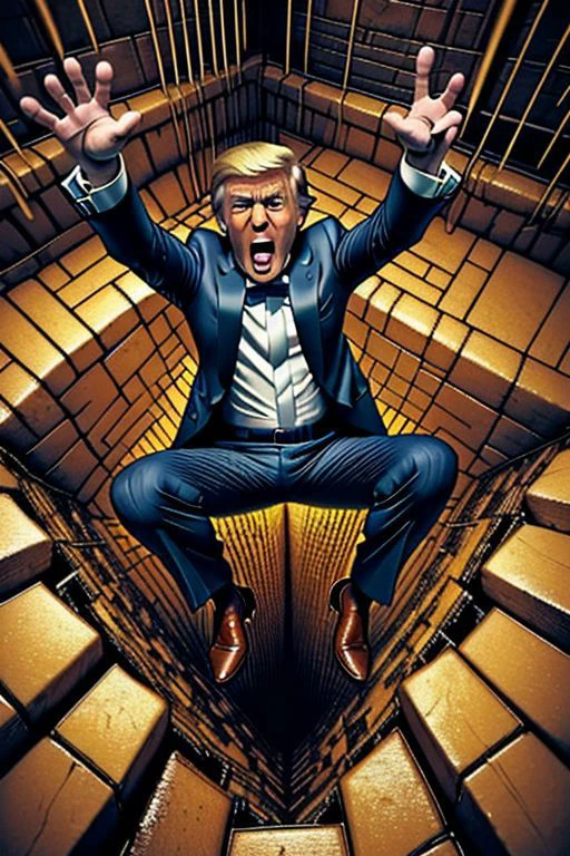 masterpiece,best quality,highly detailed,
((1man)), (solo),
Donald Trump in his suit, formal pants,
surprise,constricted pupils,scared,screaming,
(((falling, foreshortening, perspective, spread legs,legs up,bottomless pitfall))),arms up,dungeon,from above,dutch angle,
