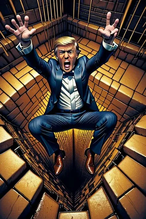 masterpiece,best quality,highly detailed,
((1man)), (solo),
Donald Trump in his suit, formal pants,
surprise,constricted pupils,scared,screaming, 
(((falling, foreshortening, perspective, spread legs,legs up,bottomless pitfall))),arms up,dungeon,from above,dutch angle,