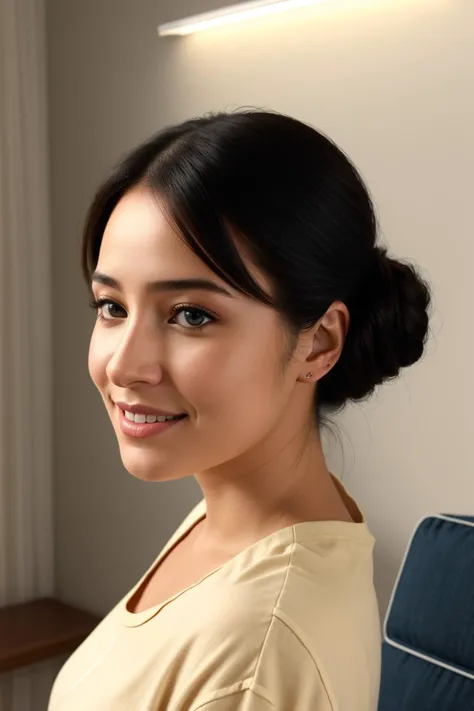 (masterpiece), realistic, (27yr old female), beautiful face, wearing a Simple beige shirt and denim skirt, studio lighting, cinematic light, beautiful woman, beautiful black eyes, milk beige middle hair, perfect anatomy, very cute smile, princess eyes , (black eyes), (head frame), center image, style, bioluminescent, 8 life size, 8k Resolution, human hands, curiously complete, elegant, close to perfection, dynamic, highly detailed, character sheet, concept art, smooth, positioned so that their bodies are symmetrical and balanced directly towards the viewer, amazing Incredibly beautiful 20-something japanese girl, detailed hairstyles, <lora:Elixir:0.5>
