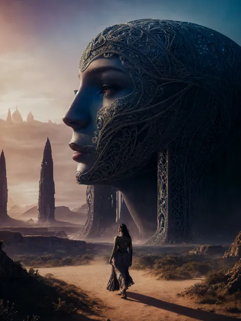 dreamlike, surreal, highest quality, RAW photo, cinematic composition, full body shot of a beautiful woman walking through a dreamlike landscape of an exotic and surreal dream world, detailed face|eyes, toned body, [detailed skin, skin wrinkles, skin texture], wearing intricate surreal and fantasy clothes, wrinkles in clothing, intricate details, abundant details, surreal and dreamlike structures loom imposing and faint in the distance like buildings of geometries and shapes that defy the laws of gravity, atmospheric|surreal environment, detailed background, dramatic lighting, sharp focus, 8k, highly detailed, UHD, HDR, Assian-Less, <lora:methurlant:1>