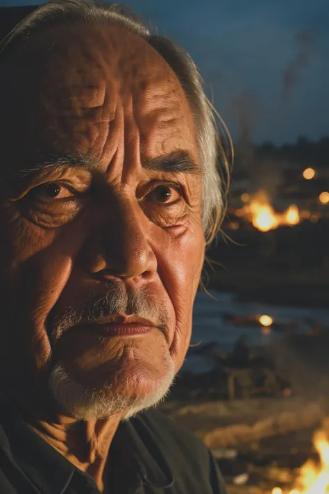 A close-up of a Vietnamese old man's face, illuminated by the light of a fire, with a backdrop of a dirty river and a shanty town.
