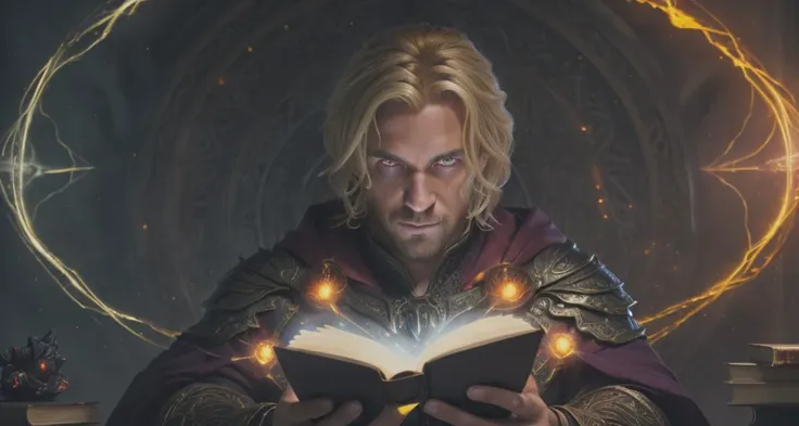 establishing shot of (1man, muscular adult (half-elf:0.4) latino male:1.2), red eyes, (blonde hair:1.2),clean-shaven, (style-swirlmagic:0.8), portrait, looking at viewer, solo, half shot, detailed background, detailed face, (<lora:kVoidEnergy-000001:0.5>, V0id3nergy, void theme:1.1) evil wizard, orange magical robes, determined expression, crimson color scheme, dark purple light, study room, glowing magical runes, evil book, dark atmosphere, shadows, realistic lighting, floating particles, sparks, surrounded by yellow lightning <lora:LightingVFX:0.1>, casting spell, summoning, red arcane symbols, corrupted by eldritch power, power-hungry eyes, bloom, OverallDetail, (masterpiece, best quality, high quality, highres, ultra-detailed)