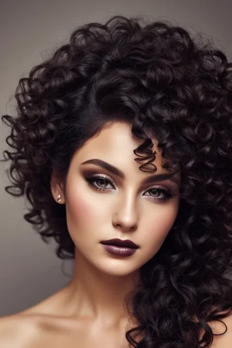 beautiful lady, curly hair, dark makeup, hyperdetailed photography, soft light, head and shoulders portrait, cover
