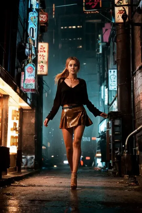 a neon sign on a building in a dark alley from Blade Runner 1982, apocalyptic, studio lighting, wide angle photo, high definition, realistic, cinematic 3D rendering,hyper-realistic,4k,ultra-detailed, realistic, perfect lighting, 1girl, medium hair, (caramel blonde hair with highlights:1.2), low ponytail, high heels, short skirt, looking at viewer, facing viewer, <lora:breastsizeslideroffset:-0.3> <lora:Blade Runner v.2.2:0.7>