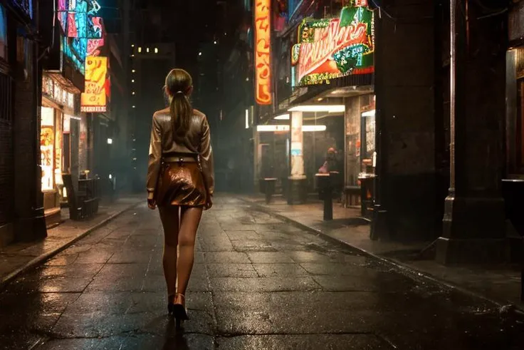 a neon sign on a building in a dark alley from Blade Runner 1982, apocalyptic, studio lighting, wide angle photo, high definition, realistic, cinematic 3D rendering,hyper-realistic,4k,ultra-detailed, realistic, perfect lighting, 1girl, medium hair, (caramel blonde hair with highlights:1.2), low ponytail, high heels, short skirt, looking at viewer,  facing viewer, <lora:breastsizeslideroffset:-0.3> <lora:Blade Runner v.2.2:0.7>