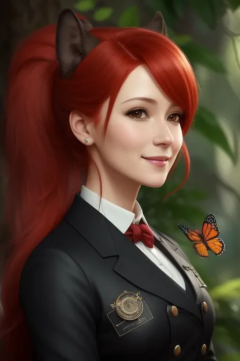 Character portrait of cute smiling red hair woman wearing doctor uniform, big dark melancholic eyes, an squirrel sitting next to her, some orchids and butterflies, around, side profile, caricature, chibi, kawaii,3d rendering, octane rendering, volumetric light, victorian fashion, metallic, highly-detailed symmetric face, detailed eyes, ultra sharp, highest quality, art by Anja Millen and George Cruikshank and Bordalo II, smooth, sharp focus, trending on artforum, behance hd, kids story book style, muted colors, watercolor style