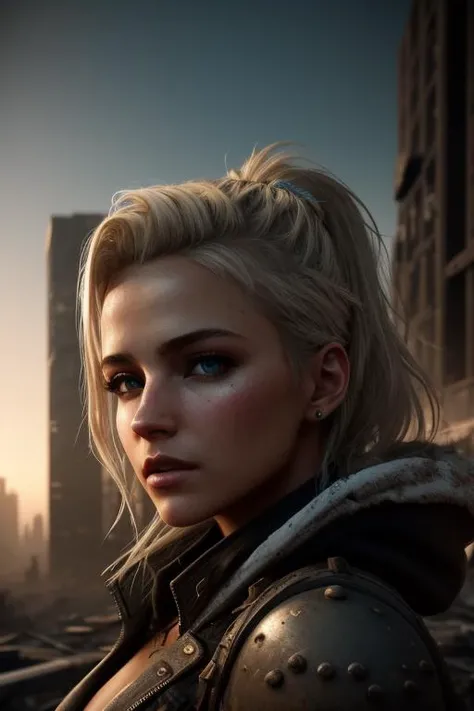 dark fantasy post apocalyptic city-street, business district, wasteland, ruins, stunningly beautiful woman wearing a worn out dirty white ragged detailed clothing, beautiful blonde hair, posing like a professional model looking in the sky, tanned skin, stunningly beautiful, , Unreal Engine 5, Cinematic, Color Grading, portrait Photography, Ultra-Wide Angle, Depth of Field, hyper-detailed, color-coded, insane details, details, color graded, Unreal Engine, Cinematic, HD