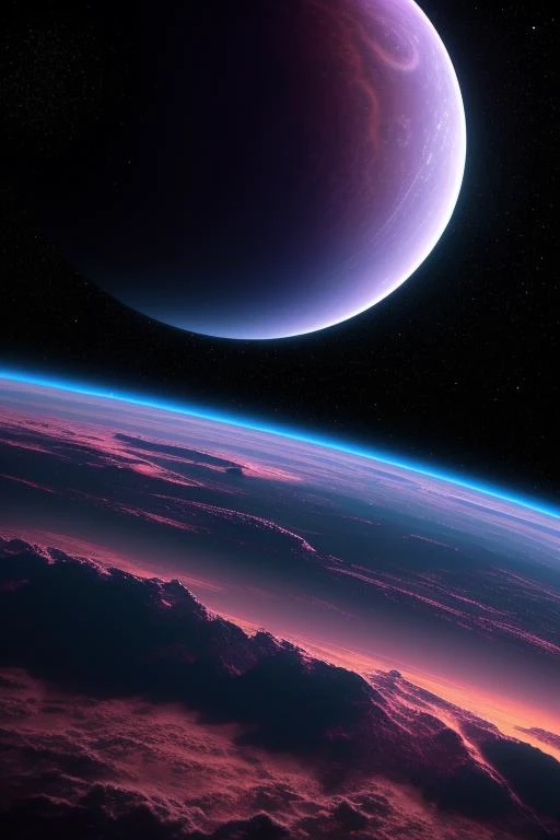 Planet from space, cosmic, purple, land, ocean, alien, solar system, colorful, fruitful, habitable, alien land, purple oceans, ice, birds, planet light years away, big, exoplanet, 8K resolution, ultra detailed,  Fantasy vibe, centered, dreamlike, intricate detail,  Cinematic Lightning, Unreal Engine, Realistic, Photorealistic, Hyper-detailed, insane details, Super-Resolution, Megapixel, FKAA, TXAA, RTX, SSAO, Post Processing