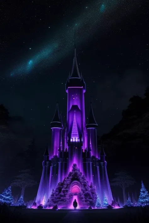 (((black castle))) in a Colorful Bioleminescence plants in forest, crystals, and, glowing path, fireflies, Pandora planet at night, blue and pink glow, epic landscape in background, hazy planet in the sky, galaxy and stars in the sky, rim light, volumetric light, colorful, contrast, breathtaking, scattered mist, night, ultra, high defintation computer render, unreal engine