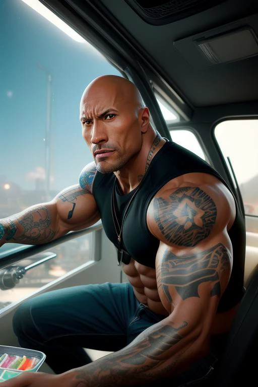 Ice Cream Truck, Dwayne Johnson as a Ice Cream Truck Driver,tattoos, overly detailed, enlightened, muscular body, angry, full body, zoomed out, Elegant, mysterious, spy, Alluring, Ornate, Godlike, Looks at lens, Battle ready, Vibrant, Portrait, 16mm, high Contrast, Clean, High resolution, 4K, 3d Octane render, cinematic lighting, Dynamic, hyper realistic, by makoto shinkai, stanley artgerm lau, wlop, rossdraws, concept art, digital painting, looking into camera