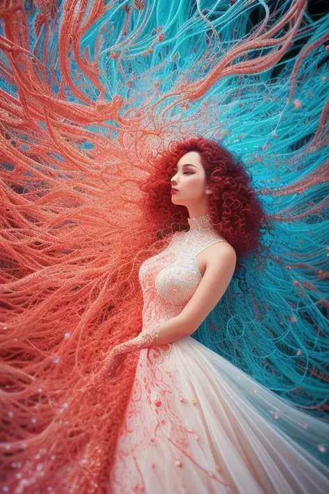 A detailed bright 32k full body abstract  photograph of a beautiful woman in a white dress, painted with curly red fluid particles, pastel color palette, James Jean, insane details, very detailed, epic, dramatic, photorealistic, photography, hyperornate details, bokeh, particuls, ultra detail, unreal