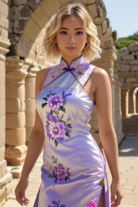 best quality photograph,high Detail RAW color Photo, Full Shot, front angle,stunning photo, analog style, hyper real photo of a (Malaysian woman:1.4), (Nude:1.5), wearing (purple china dress (cheongsam/qipao):1.35 design by (The Hairoine Company):1.3), covered nipples, (amber eyes:1.2), shining eyes, (tiny figure), (blonde hair, very short hair, wavy hair, quad tails hair:1.25), (tiny breasts:1.3), (asymmetrical breasts:1.2), (in the background (Ancient City of Nessebar:1.25)), (photographed on a Canon EOS 90D DSLR Camera by Richard Hamilton photographed:1.2), (perfect face, seductive look, detailed skin, diffused skin pores, skindentation, (cleavage:0.8), strong shadows, perfect shadows, ultra realistic lips, ultra realistic nose, perfect face, realistic eyes, ultra detailed eyes, ultra detailed face, shaded face, pores, real skin, straight up), (highly detailed, fine details, intricate), raytracing, shallow depth of field, hard focus, smooth, cinematic film still,(intricate details, hyperdetailed:1.2),(dimly lit, low key, rim lighting:1.4), looking at viewer, looking at camera, 8k UHD, DSLR, high quality, film grain