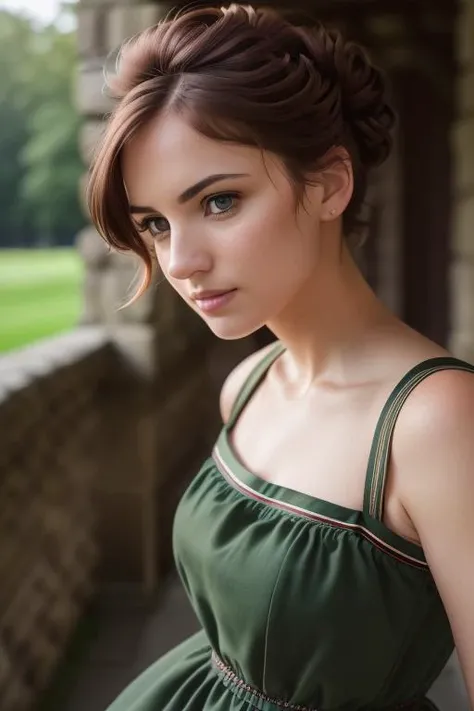 best quality photograph,high Detail RAW color Photo, Full Shot, front angle,stunning photo, analog style, hyper real photo of a (Canadian woman:1.4), (Clothed:1.5), wearing (dark green sailor dress:1.35 design by (Aether):1.3), covered nipples, (green brown eyes:1.2), shining eyes, (slim figure), (red hair, short hair, drill hair, doughnut hair bun:1.25), (tiny breasts:1.3), (Bell shape breasts:1.2), (in the background (Archaeological Border complex of Hedeby and the Danevirke:1.25)), (photographed on a Canon EOS 90D DSLR Camera by Henri Biva photographed:1.2), (perfect face, seductive look, detailed skin, diffused skin pores, skindentation, (cleavage:0.8), strong shadows, perfect shadows, ultra realistic lips, ultra realistic nose, perfect face, realistic eyes, ultra detailed eyes, ultra detailed face, shaded face, pores, real skin, straight up), (highly detailed, fine details, intricate), raytracing, shallow depth of field, hard focus, smooth, cinematic film still,(intricate details, hyperdetailed:1.2),(dimly lit, low key, rim lighting:1.4), looking at viewer, looking at camera, 8k UHD, DSLR, high quality, film grain