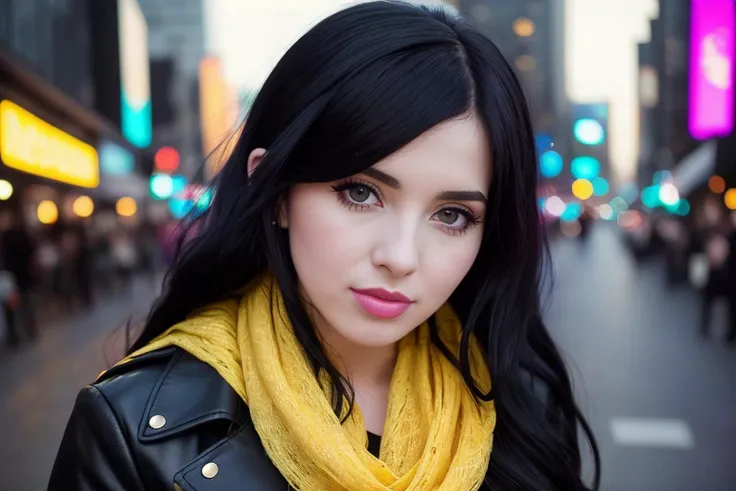 photo of a woman with black hair wearing a yellow scarf, behance hd, young beautiful amouranth, seraphine ahri kda, pale skin, beautiful sexy woman, portrait of kim petras, is at dawn and bluish, cyberpunk 2048,, (8k UHD:1.2), full resolution, detailed skin, high quality photography, RAW photo