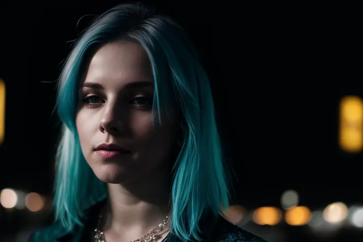 photo of a woman with bright blue and yellow hair, short hair, small silver necklace, pale skin, night time, European city, soft cinematic light, adobe lightroom, photolab, hdr, intricate, highly detailed, fine details, key light, backlight, sharp focus, soothing tones, low contrast, exposure blend, movie scene, film grain, bokeh, <lora:lowra_v10:0.6>, (dark theme:1.1)